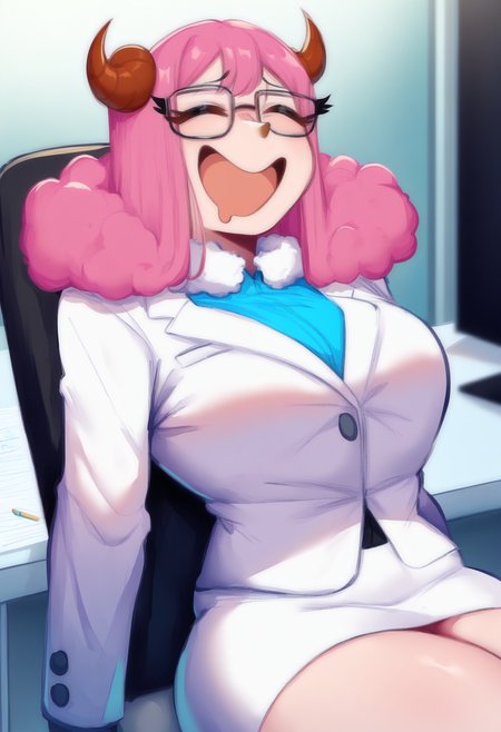 masterpiece, best quality, newest, absurdres, highres, <lora:NSAriesFairyTail:1> NSAriesFaiTai, closed eyes, horns, pink hair, medium hair, fur collar, white collar, blue collared shirt, white jacket, formal, white skirt, pencil skirt, glasses, leaning back, sitting, office, drool, happy, indoors
