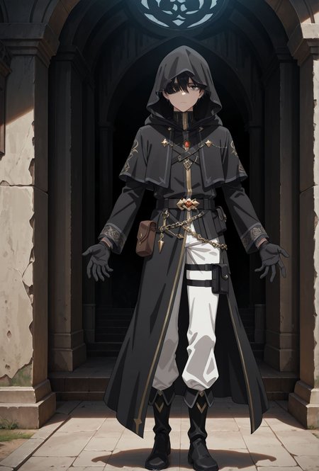 masterpiece,best quality,amazing quality,very aesthetic,absurdres,newest, huge filesize,
<lora:spo_sdxl_10ep_4k-data_lora_webui:0.5>, 2D,anime,anime screenshot, 
<lora:illustrious_quality_modifiers_masterpieces_v1:1>
<lora:Let_This_Grieving_Soul_Retire__Strange_Grief:0.7>
1boy,Strange_Grief,
hood,black robe, haiir covered one eyes, expressionless, 
black hair,short hair,
serious expression,
black jacket,gold accents,
high collar,white pants,
black boots,side pouch,
gloves,belt,
chains,standing pose,
detailed outfit,back and front view,