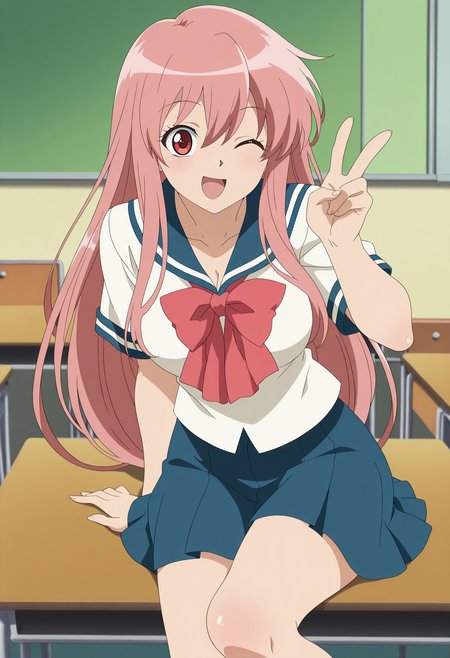 1girl,solo,mm,aged up,long hair,pink hair,red eyes,anime coloring,
school uniform,serafuku,bow,skirt,short sleeves,;d,v,one eye closed,looking at viewer, sitting,on table,desk
,masterpiece,best quality,amazing quality,<lora:Mayura_Daidouji-Matantei_Loki_Ragnarok:0.8>