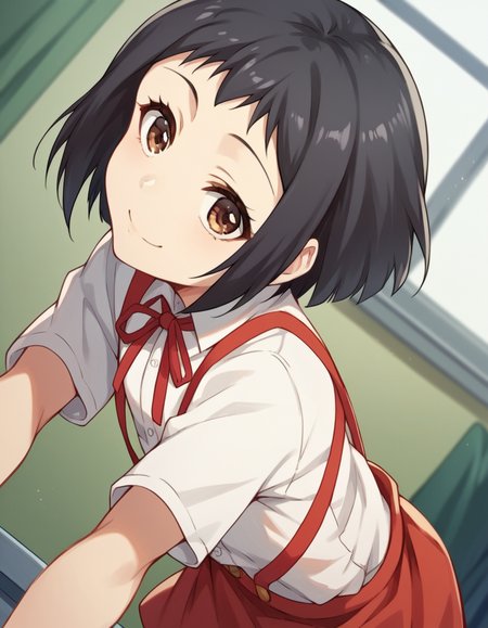 score_9, score_8_up, score_7_up, source_anime, <lora:hanako-hasegawa-ova-ponyxl-lora-nochekaiser:1>, hanako hasegawa, short hair, black hair, brown eyes,, skirt, shirt, ribbon, school uniform, white shirt, red ribbon, suspenders,, indoors, bent over, smile, looking at viewer, solo,, cowboy shot, dutch angle