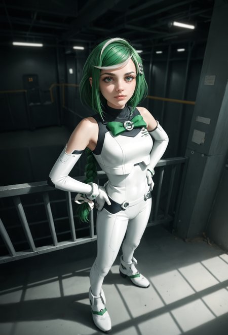 zPDXL2, (from above:0.8), (armpit focus:0.9), depth of field, highly detailed,
medium shot, sber-chan, green hair, streaked hair, green eyes, single braid, white bow, long hair, (skin details:1.1),
looking at viewer, calm, standing legs apart, hand on own hip,
hairclip, (white plugsuit:1.1),
massive dark hangar housing a colossal robot, industrial and imposing, (dark theme:1.2), backlighting, metal catwalk \(walkway\),
<lora:add-detail-xl:1.5> <lora:Sber-chan:0.9>