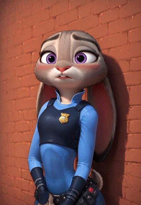 safe_pos, score_9, score_8_up, score_7_up, (Expressiveh:0.8), 
BREAK
(Judy Hopps, Zootopia:1.1),
BREAK
girl 24yo, solo, 1girl, Judyhopps, sexy bunny girl, perfect face, thin waist, focus on furry, leaning on brick wall, blushing, acting shy, police uniform, toned, flirty, looking at viewer,