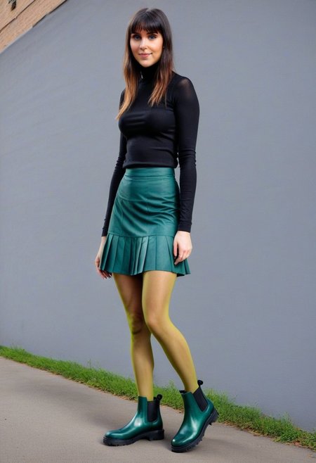 city, street fashion, photo, masterpiece 
BREAK 
1girl, (multicolor), (green chelsea boots), skirt, (black pantyhose)