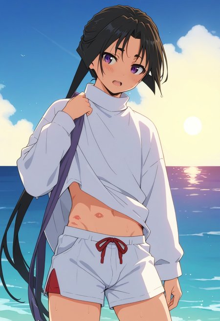 score_9,score_8_up,score_7_up,score_6_up, source_anime, BREAK cowboy shot,1boy,solo,male focus,otoko_no_ko,tokiyuki,top,bulge,open_mouth,emberresed,blush,blue sky,sun,backlighting,ocean,
sweating profusely,
kiss marks on neck and stomach area,
white sweater, 
short white shorts,
small marks and bruises on face