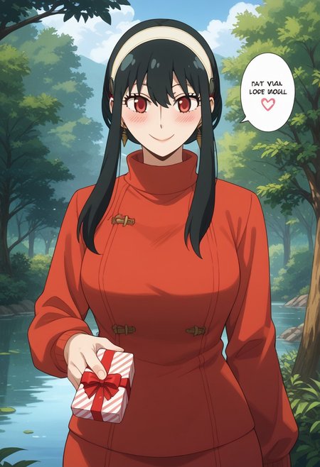 score_9, score_8_up, score_7_up, source_anime,  
BREAK,
happy and in love, gentle smile, looking at viewer, Expressiveh, yor briar, black hair, red eyes, sidelocks, hairband, short hair with long locks, white hairband, medium breasts, dress, long sleeves, red sweater, sweater, sweater dress, 1girl, solo, wide hips, blush, text bubble, hearts, 
standing, standing straight, one hand on hip, upper body, portrait, holding a heart-shaped gift box, 
day, in a fantasy forest near a lake,