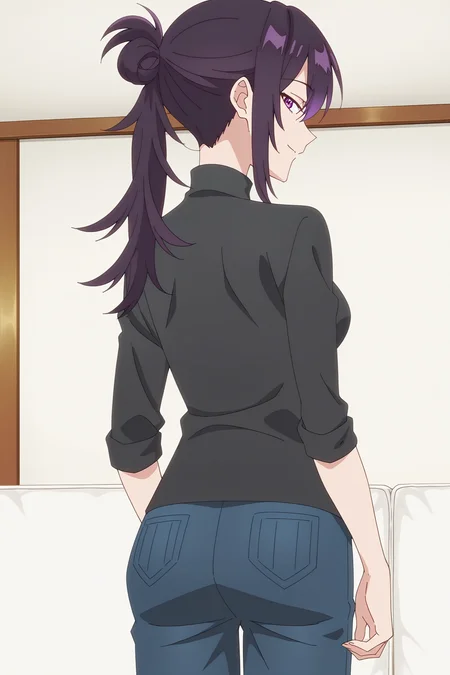 anime screencap, anime coloring, detailed face, perfect fingers, masterpiece, best quality, very aesthetic, absurdres, volumetric lighting,
indoors, in a living room,
 <lora:Motoko_Izumi_Shikimoris_Not_Just_a_Cutie:1>
Motoko Izumi (character), 1girl, solo, purple eyes, breasts, single hair bun, long hair, pants, purple hair, denim, ponytail, from behind, jeans, purple hair, shirt, girl looking back at the viewer, gentle smile, directly behind girl, cowboy shot
