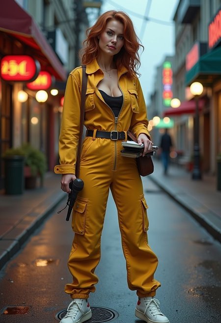 A photorealistic image of a woman resembling April O'Neil from * Mutant Ninja Turtles* as a real human. She has a strikingly beautiful, athletic figure with toned curves, huge breasts, a slim waist, and a confident stance. Her shoulder-length auburn hair is styled in soft waves, framing her face with bright, intelligent eyes and a warm, determined expression.  She is wearing her signature yellow jumpsuit, perfectly fitted to her body, with the zipper slightly undone at the top for a casual yet professional look. The jumpsuit features utility pockets and a matching belt, emphasizing her practical and adventurous personality. She pairs this with white sneakers and a vintage brown leather shoulder bag slung across her torso, containing a notepad, a microphone, and other reporter essentials.  The setting is an urban street at dusk, with the faint glow of neon signs reflecting off wet pavement. She is standing near a manhole cover, holding a handheld microphone in one hand and a notepad in the other, as if she's in the middle of investigating a story. The lighting is cinematic, with a mix of cool blues and warm orange hues highlighting her figure and creating a dramatic yet grounded atmosphere. The scene captures her intelligence, bravery, and charm, bringing the animated character to life in a realistic, modern context.