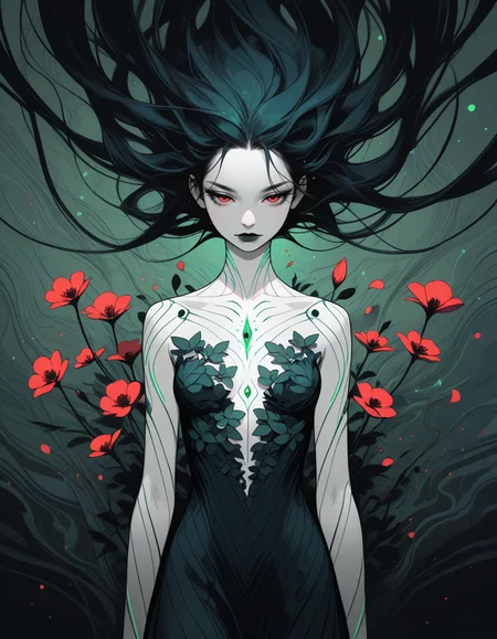 <lora:GTHAN-IL:0.5>, gthan, <lora:Sinozick_style:0.5>, sinozick_illu, (masterpiece, best quality, ultra-detailed, absurdres, newest, detailed textures, correct anatomy,  very aesthetic:1),  surreal, ethereal, female figure, glowing, white skin, red eyes, flowing hair, surrounded by red flowers, abstract background, dark blue and green hues, glowing particles, otherworldly, mystical, soft lighting, intricate details, fantasy, glowing lines on body, floating elements, dreamlike, abstract, vibrant colors, ethereal beauty, serene expression, floating flowers, delicate petals, artistic, abstract background, soft textures, glowing figure, ethereal beauty, surreal landscape,