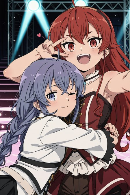 detailed background, shiny skin, posing,
<lora:mushoku.il:1>,
mushoku,
(2girls:1.5),
eris, roxy,
idol costume, shorts, skirts, 
stage, stage light, glitters, sparkles, 
happy,  one eye closed, heart, hug, v, w, peace, upper body,