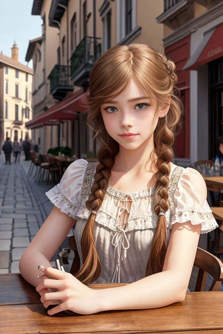 Masterpiece, best quality, absurdres, extremely detailed, intricate, artstation, illustration, cinematic lighting, wide angle, pov, looking at viewer, perfect detailed face, detailed braided brown hair, detailed eyes, expressive eyes, realistic nose, 1girl, solo focus, (teen girl:1.1), smile, patio table in foreground, (viewer sitting at table with girl:1.1), (girl sitting across the table from viewer:1.1), elbow on table, head on hand, short wrought-iron fence, busy cobbled street in background, italiante buildings in background