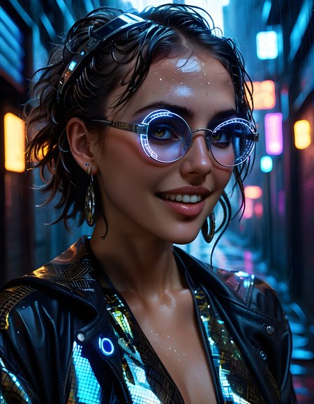 In a high-contrast, neon-lit cyberpunk setting, FL0R4, a woman with brown eyes that sparkle like polished obsidian and adorned in an intricate outfit of metallic layers and holographic patterns, poses confidently with her back slightly arched, a knowing smile playing at the corners of her lips. She wears round, reflective glasses perched upon her head and sports large, colorful earrings that shimmer like digital constellations. Her teeth flash brilliantly against the dark background as she fixes her gaze directly on the viewer, her hands poised in a casual yet purposeful manner, setting off an electric charge of raw charisma and unspoken power within the gritty, rain-drenched alleyway that serves as the backdrop for this captivating close-up portrait.