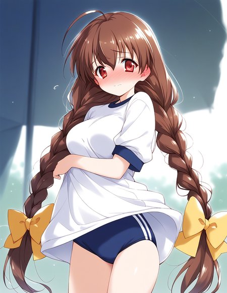 score_9, score_8_up, score_7_up, source_anime, rating_explicit, BREAK  <lora:Pasocom_Paradise_2001.8_XL:0.9>Pasocom_Paradise_2001.8, very long hair, twin braids, ahoge, bangs, brown hair, red eyes, hair between eyes, Yellow bow, 
gym uniform,white shirt, dark blue buruma, 
outdoor day
 medium breasts, full-face blush, embarrassed, 
looking at viewer, 
cowboy_Shot,