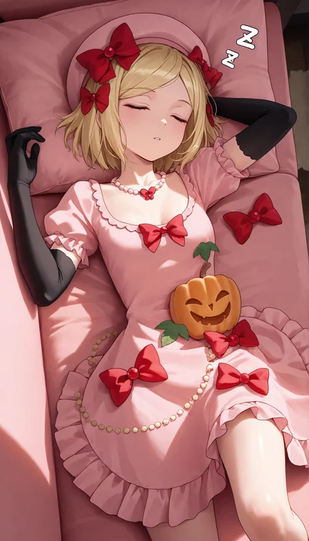masterpiece, best quality, amazing quality, very aesthetic, highres, ultra-detailed, absurdres, newest, scenery, <lora:Lambdadelta_NoobVpred10_v1:1>, hat, lambdnoob, jewelry, solo, necklace, small breasts, sleeping, closed eyes, red bow BREAK volumetric lighting BREAK lying down, from above, zzz, looking at viewer, <lora:noobai_vpred_1_aqm_complete_v3:1>