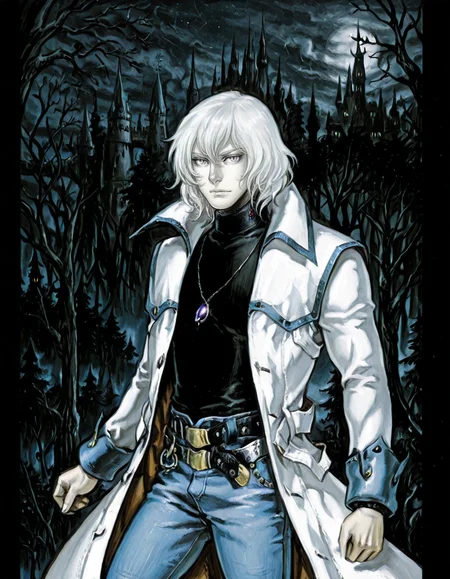 solo, 1boy, male focus, jewelry, belt, coat, denim, pants, jeans, necklace, turtleneck, white hair, grey eyes, pendant, soma cruz <lora:Soma_Cruz_Castlevania_Aria_of_SorrowIllustrious:1>  <lora:Amazon(Taitara)_IL:0.8> taitara, castle, forest, night, realisticretro <lora:kojima-ayami-v1:0.8> kojima_ayami