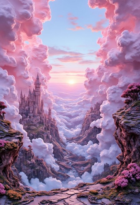 a surreal view of clouds, by Tom Froud, surreal art contest winner, dreamlike, pink clouds, rainbow skies, fluffy, abstract clouds, fantasy, dreamworld, surreal landscapes, cloud castles, floating gardens, impossible structures, secret gardens, a journey through a dream, enchanted skies, mysterious beauty, mythical