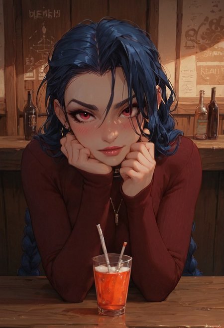 score_9, score_8_up, score_8_up, 1girl, high res image, masterpiece, torches, high contrast shadows, beautiful girl, stunning girl, perfect body, jinx, beautiful face, beautiful eyes, tight dark red shirt, long sleeves, bar, table, detailed background, perfect boobs, girl sitting behind table, upper body view, looking at viewer, drink, straw, blushing, talking