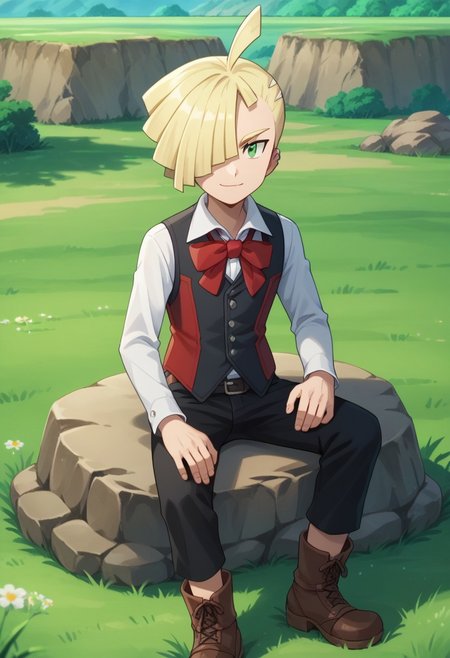 score_9, score_8_up, score_7_up, source_anime, highly detailed, 
gladion, blonde hair, 1boy, vest, male focus, pants, closed mouth, hair over one eye, boots, black vest, black pants, brown footwear, solo, shirt, white shirt, green eyes smile, long sleeves, 
buttons, short hair, ahoge, belt, bangs, red vest, bow, red bow, looking at viewer,
outdoor, rock, grass, sit on rock,