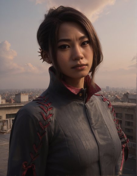 score_9, score_8_up, score_7_up,score_6_up,haymar,high resolution,3d,photo,realistic,asian,1girl,brown hair,hair bun,earrings,jacket,long sleeves,boots, volumetric lighting,rim lighting,dramatic shadow,on a rooftop,close-up,dynamic pose,looking at viewer,pov,front view,hand on hips