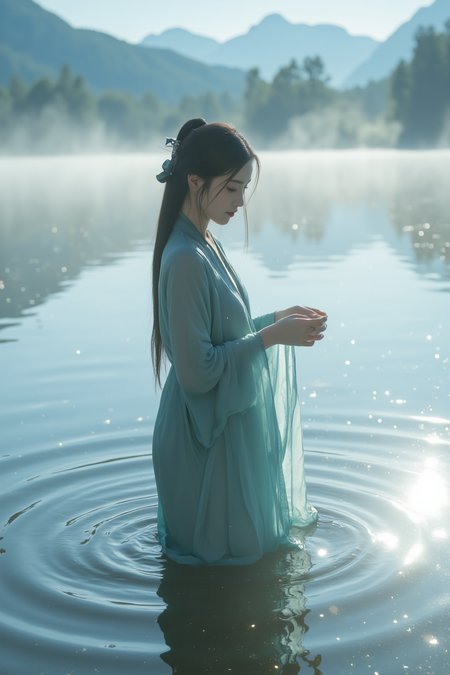 <lora:ãéº¦æ©éè¡£ãMajicflus:0.7>, qingyi, In the misty glow of a serene lake at dawn, a young woman stands immersed in the water, her cyan hanfu soaked and clinging to her form, the crystal-like fabric revealing the smooth texture of her skin as sunlight filters through. Gentle ripples lap at her waist, adding a sense of movement to the scene. She tilts her head slightly downward, her hands softly skimming the water's surface, creating faint ripples. The background features hazy distant mountains mirrored in the lake, with sunlight streaming through the morning mist, casting a luminous, ethereal glow. The sparkling reflections on the water surface resemble scattered stars, enhancing the dreamlike atmosphere.âââ