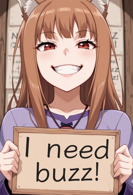 masterpiece,(best quality),highly detailed,ultra-detailed,
1girl, holo, spice and wolf, looking at viewer, need_buzz, holding sign, upper body, close up, smug, teeth