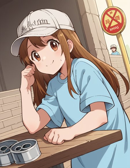 score_9, score_8_up, score_7_up, source_anime, <lora:platelet-s1-ponyxl-lora-nochekaiser:1>, platelet, long hair, brown hair, brown eyes,, shirt, hat, short sleeves, boots, white headwear, blue shirt, flat cap,, bus stop, waiting, commuter, smartphone, checking time, cold morning, smile, looking at viewer, arm resting on table, solo,, cowboy shot, dutch angle