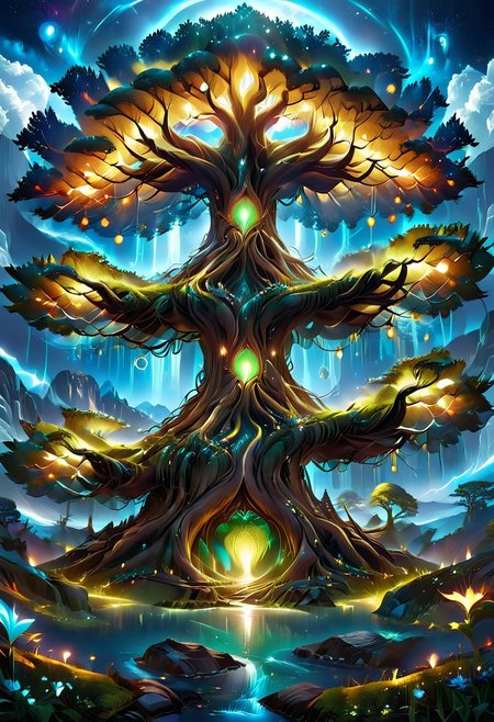 A captivating night scene illustration Yggdrasil tall on a large snowy mountain overlooking a lake. lthndrtrl, Yggdrasil, emits a warm glow, highlighting its incredible magic and grandness. The snowy  hill is covered in great pine trees, reflecting on the calm, moonlit snow  that mirrors the silvery moonlight. The full moon graces the sky, casting an ethereal glow on the clouds and mountain, while wispy clouds partially obscure its brilliance, adding to the scene's mystique. Twinkling stars dot the sky, creating a celestial tapestry that harmonizes with the moon's radiance. This enchanting artwork captures a serene and peaceful night, where the illuminated Yggdrasil stands resolute amidst the celestial beauty, creating a cinematic experience., illustration, cinematic, lthndrtrl, Yggdrasil
<lora:DonM3t3rn1tyXL-v1.1:0.7>, DonM3t3rn1tyXL,
OverallDetailXL  <lora:MJ52:0.3>  <lora:SDXLFaeTastic2400:0.4>  <lora:EpicF4nta5yXL:0.7>