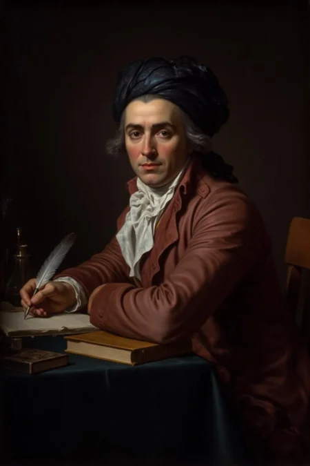 jldavid1 painting.
An man with a contemplative expression, sits at a dimly lit table. He has a prominent forehead, thinning hair, and wears a loose, reddish-brown coat with a white cravat, indicative of 18th-century attire. His head is adorned with a dark blue, patterned turban, adding to the scholarly ambiance. He holds a quill pen in his right hand, poised over a parchment or paper on the table. <lora:jldavid1_cap_d6a3:1.0><lora:815775063304403076:0>