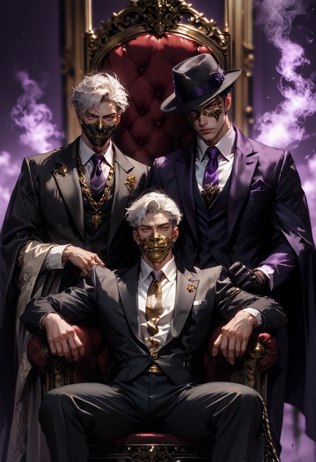(score_9, score_8_up), score_7_up, 2boys, manly, tsurime, looking at viewer, serious, purple background, gold and purple theme, hand on hip, chains, fedora, white hair, muscular male, black hair, crew cut, arms crossed, hair slick back, short hair, sitting, standing, leg spread, throne, purple smoke, white gloves, necktie, black gloves, suit, gold chains, jewelry, white shirt, black vest, black pants, coat, gold mask, mouth mask, realistic, blurry background, depth of field, DOF, chaos, realistic, <lora:Mafia_Outfit:0.5>