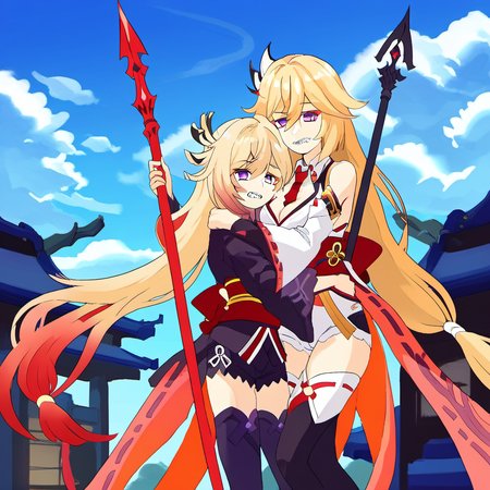 purple eyes, outdoors, sky, teeth, cleavage, japanese clothes, thighhighs, very long hair, necktie, shorts, blonde hair, red eyes, polearm, hug