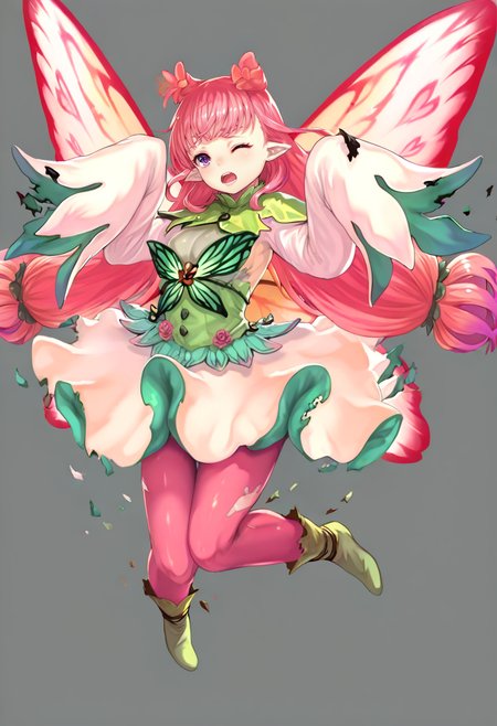 1girl, wings, long hair, pointy ears, solo, pink pantyhose, purple eyes, grey background, dress, fairy wings, open mouth, pink hair, boots, full body, breasts, sleeves past wrists, torn clothes, bangs, pantyhose, wide sleeves, twintails, simple background, one eye closed, low-tied long hair, butterfly wings, long sleeves, fairy, teeth <lora:yoshikuXL_NBVP1_lokr_V6311P:0.95>