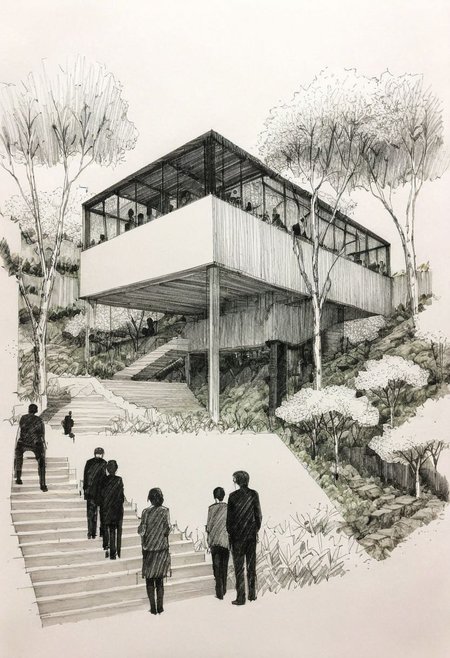 Architecture sketch, minimalist sleek villa in tokyo city center by kengo kuma, heavy black lines on white paper, trees, two people enjoying, <lora:HandSketcher-XL:0.7>  <lora:xl_more_art-full_v1:0.5>