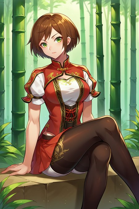 score_9,score_8_up,score_7_up,score_6_up, BREAK sunshangxiang,1girl, solo, brown hair, short hair, green eyes,swept bangs, chinese clothes, red jacket, red skirt, white shirt, shorts under skirt, white short shorts, brown print pantyhose, bamboo forest, sitting, crossed legs,  <lora:SunShangXiangPony:1>