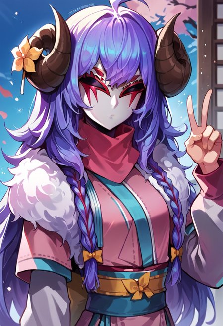 score_9, score_8_up, score_7_up, ultra quality, dutch angle, source_cartoon, smooth outlines, 1girl, Sbkin, sheep girl, curved horns, long hair, purple hair, clothed, scarf, fur trim, japanese clothing, mask, faceless, upper body, peace sign with one hand, sakura garden