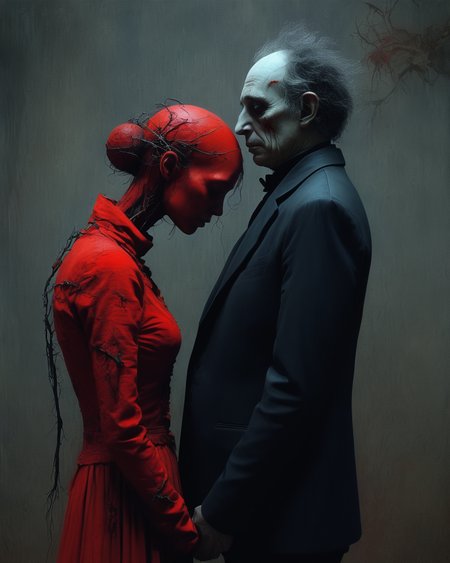 heartbroken liches, married liches getting a divorce, romance lost, heartache, sad, melancholy, Tim Burton, Nicola Samori, Beksinski,  dystopian surrealism, vivid intense colors, red, ultra focus, <lora:add-detail-xl:1> <lora:xl_more_art-full_v1:0.6>  <lora:XSfenlie:1> fenliexl