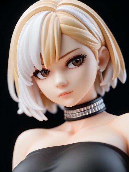 score_9, score_8_up, score_7_up, score_6_up, high quality, high contrast, 1girl, supermodel, (portrait), blonde hair, short hair, white highlights, brown eyes, tutleneck, large breasts, rhinestone choker, <lora:rhinestone_choker_mabusius_pony_v1.1:0.4>, black background