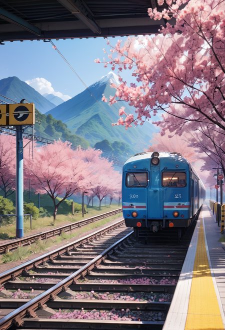 ,ruanyi0802,train station,cherry blossoms,blue sky,mountain,<lora:802 Sakura Train Station_v1_pony:1>, score_9,score_8_up,score_7_up,,8k,1girl,solo,,