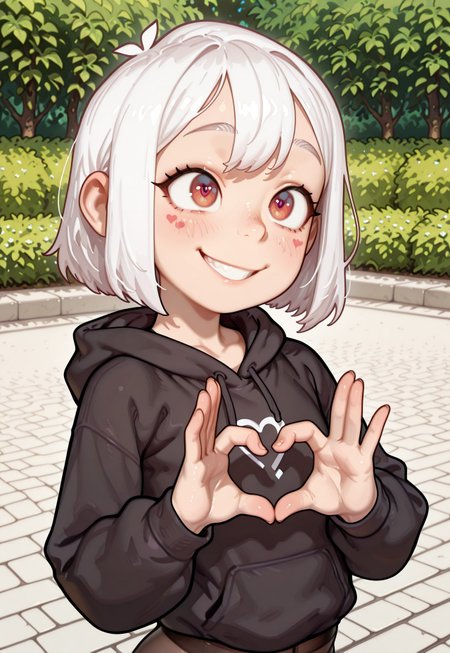4k, fine detail, high quality eyes, masterpiece, best quality, amazing quality, newest, CG, illustration, very aesthetic, high resolution, geh1, 4s0r4, eigaka, possmach, artist:moriimee, 1 girl, solo girl, young, Lup4L0ud, 1girl, solo, short hair, white hair, black pantyhose, black hoodie, upper body, smile, heart gesture, outdoors, 