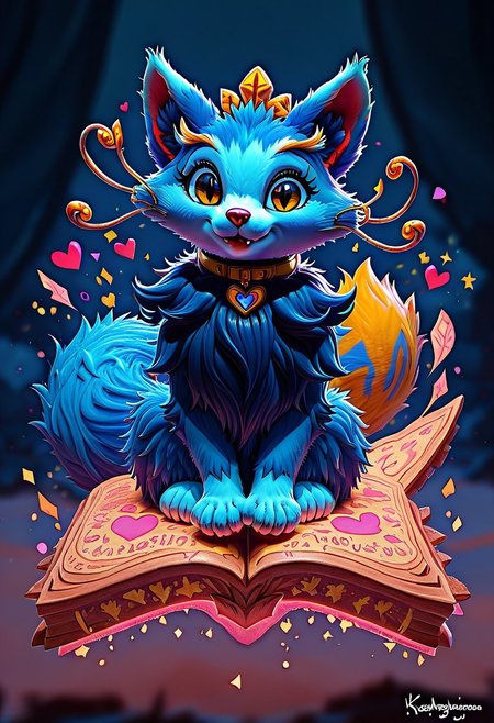 Score_9, Score_8_up, Score_7_up, Detailed draw, feral, animal, quadruped, wonderful, anthro, biped, no humans, (yuumi-default:1.5),  blue fur, (chest tuft, yellow whiskers, cute kitty pose (sitting on riding book:1.2), (Collar with a red heart pendant:1.2), blonde eyebrows, headgear, necklace, yellow tail tip, cute,lick paw, cute lovely hearts detail, adorable, fur on legs, fur on paws, kiddy, nice,  cuddly, sitting, huge body, riding book, (floating object An ancient magic book with old pages:1.5), magic spells around book, floating object, kitty paws, (fluffy fur body:1.5), big cute eyes, looking at the viewer, happy eyes, long fur, two toned fur, yellow eyes, slit eyes, cute fangs, ng_deepnegative_v1_75t, (cute and pretty:luminescent paints, phosphorus paints, glows at night, paint splash), more detail fur and visual, warm color, vibrant color, skydrome, disney style,