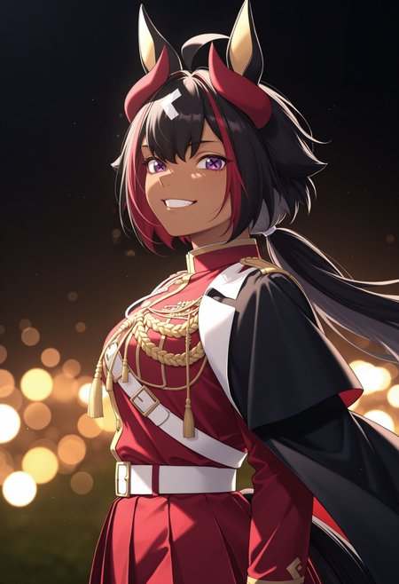 masterpiece,best quality,absurdres,highres,very aesthetic,high quality,detailed,insanely detailed,beautiful,perfect lighting, ,depth of field,blurry background,bokeh, looking at viewer, 
upper body,  grin, from side, 
 <lora:Mill Wakaba illu:1> 1girl, dark skin, dark-skinned female animal ears, horse girl, horse tail, cross-shaped pupils, purple eyes, streaked hair, ahoge, multicolored hair, black hair, white hair, low ponytail, long sleeves, red jacket, epaulettes, aiguillette, belt, black cape, red skirt, pleated skirt,