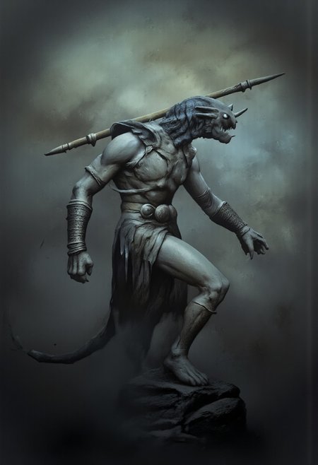 aidmaMJ6.1, Made out of paper, a PaperStyle , d4artstyle, d4concept, , d00mstyle, made of clay, ZBClay model of a gray sculpture
A reptilian-insectoid warrior, standing upright with a chitinous exoskeleton that shimmers with a bluish hue. The creature's body is segmented and armored, providing both flexibility and protection. Its head features large, bulbous eyes that reflect an otherworldly intelligence, along with a set of mandibles and antennae. The limbs are powerful and end in sharp claws, allowing for both combat and climbing. It wields a double-ended spear with intricate carvings, and its forearms are adorned with metallic bracers, suggesting a blend of primitive and advanced culture. The long, segmented tail helps maintain balance during combat. The overall design combines elements of a reptile, insect, and warrior, emphasizing its agility and lethal nature.
Background solid color with a faded dimly lit, fog-covered darkness tone that emphasizes its silhouette. 
 The medium is not a traditional painting or illustrative medium like watercolor or ink but rather a digital rendering, eerie and unsettling.