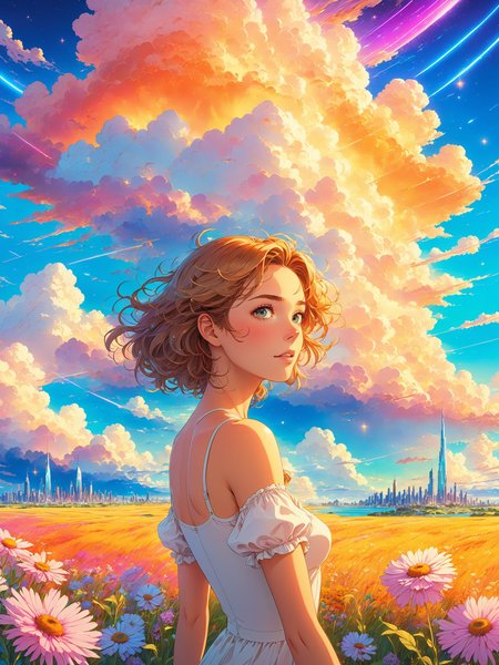 best quality, beautiful woman in the foreground, portrait, detailed face, anime,  hdr, hd, cel shading, illustration, masterpiece, floating island in the sky, vibrant crystalline city, terraces, studio ghibli, matte painting, art by rhads, trending on artstation, golden hour, cel shading, breathtaking colorful clouds, stars, streaks, makoto shinkai, latex textures, postcard, synthwave colors, foreground wildflowers, supercell
 <lora:holosomnia-xl-alpha:1>