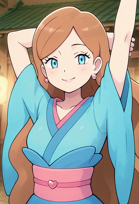 masterpiece, best quality, 1girl, solo, looking at viewer, smile,   zzLinnea, blue eyes, brown hair, long hair, earrings,  blue kimono, sash,  , <lora:LinneaPokemon_IXL_v2:1.0>, arms up, stretching, upper body, smile, looking at viewer,
,
k4w4iim1r41,,