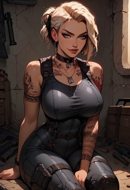 Score_9, Score8_up, Score_7_up, (((High Resolution, Best Quality))), 
1girl, solo, toned arms, sleeveless, Covered in Tattoos, neck tattoos, hair tied up, 
futuristic, futuristic bodysuit, revealing bodysuit, tight bodysuit, tactical, military gear, large breasts, choker, dog tags, ear piece, 
seducing, seductive, flirty, tender, loving, playful, looking at viewer, smug, 
Sitting on ground, leaning against wall, relaxed, leaning back, arm resting on knees, arm on knee,
inside, Military, military base, military barracks, cots, crates, military boxes, guns, bullets, supplies, armory,