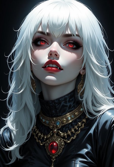 Stunning illustration of Japanese goth woman, vampire, long white hair, two-tone hair, bangs, earrings and elaborate necklaces, egyptian eyeliner, red lips, fangs, direct sensual gaze, erotic, sexy, silhouetted in moonlight, detailed red eyes