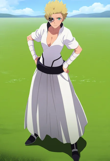 masterpiece, best quality, very aesthetic, absurdres,
1girl, menolymallia, eyepatch, green eyes, blonde hair, short hair, spiked hair,
bandages, cleavage, dress,
hands on hips, standing, full body, solo, looking at viewer, grass, blue sky, meadow background  <lora:MenolyMalliaNoobXL_byKonan:1>