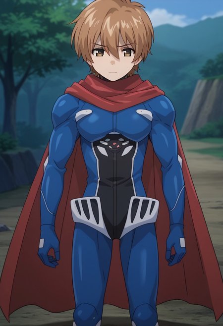 score_9, score_7_up, source_anime
miwahiro,1boy, male focus, solo, brown eyes, brown hair, hair between eyes, armor, bodysuit, blue bodysuit, cape, red cape,
outdoor,