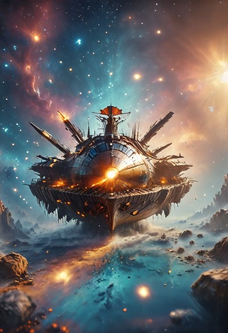 high quality, 8K Ultra HD, highly realistic, The great and sleek black ship is moving forward, blasting through space. It has powerful cannons facing forward that are unleashing powerful blue neutron beams upon an unseen foe. Embark on an enchanting 8K photorealistic journey as a magnificent starship blasts through a star system.  The ship gracefully flies among other ships. The starship's design boasts advanced technological elements. The camera captures every minute detail, by VelvetS, octane render,from slightly to the side.  perfectly symmetrical ship.  Weapons fire blue energy beams, 
<lora:DonM3t3rn1tyXL-v1.1:0.7>, DonM3t3rn1tyXL,
OverallDetailXL  <lora:MJ52:0.3>  <lora:SDXLFaeTastic2400:0.4>