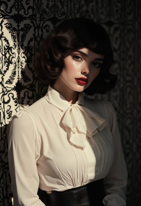 Analog photography, A elegant lady with porcelain skin and an edgy short bob haircut, styled in loose waves, ombre dark hair, frames her angular face, accentuated by bold, dramatic makeup, wearing a white long sleeve ruffle blouse, and large bow around her neck. Her full lips are painted a deep, bold red lipstick, and her eyes are intensely lined with eyeliner. She gazes directly at the camera with a sad smile, echoing the dramatic style. poses against a stark high-contrast geometric patterns wallpaper in the background. The scene is bathed in soft, diffused side lighting, evoking a moody, introspective atmosphere, with deep shadows accentuating lady's face sharp features. A high-contrast aesthetic, characteristic of Neo Noir and Art Deco style, with deep blacks and bright whites, adds to the dramatic tension. Grainy 35mm film texture and subtle sepia. aidmaMJ6.1