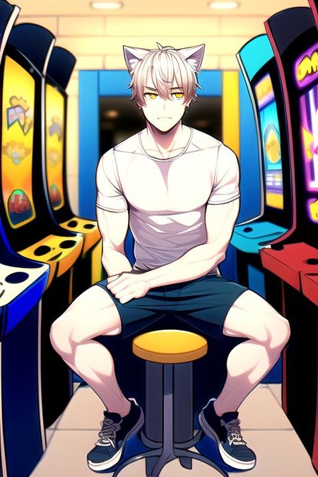 (masterpiece, intricate:1.3), (best quality, hires textures, high detail:1.2), (4k) 1boy, adult male, mature male, man, cat ears, no human ears, short hair, silver hair, yellow eyes, cargo shorts ,tee shirt, sitting on a stool, at an arcade
