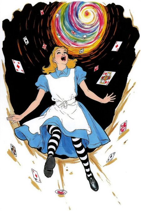 regr1 sketch. 
Overhead view of Alice in Wonderland falling into the rabbit hole, with her legs dangling beneath her. She is looking upward, her face filled with shock and terror as she screams. Her blue dress and white apron billow out around her as she tumbles, while her striped stockings and black shoes are visible below. The rabbit hole is a swirling, chaotic mix of vibrant colors, playing cards, teacups, and other Wonderland objects floating around her. Soft glowing light emanates from the tunnel walls, adding an eerie, fantastical feel to the scene. The sense of motion and fear is palpable as Alice falls deeper into the unknown. The background is stark white 
 <lora:regr1_fashion_nocap_d6a3:1.0><lora:807336788302748125:0>